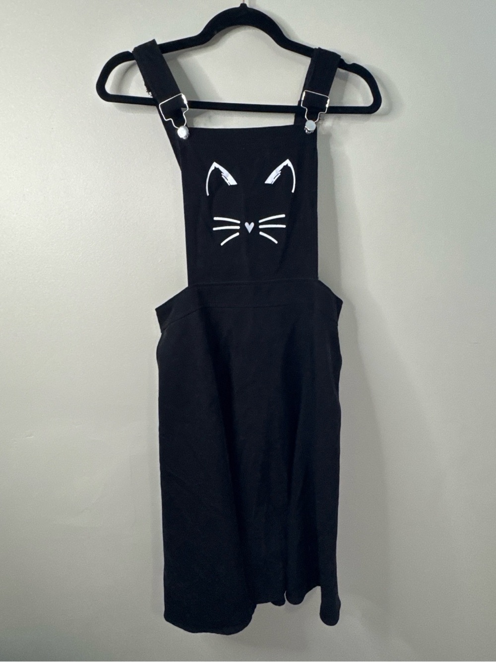 Black Cat Face Pinafore Overall Dress Adjustable Straps Midi Goth Cottagecore